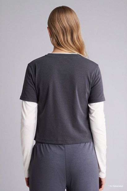Loose Fit Crew Neck Ribana Long Sleeve T-Shirt