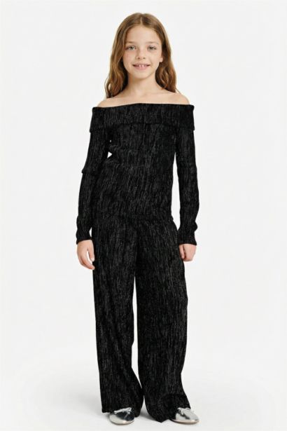 Yılbaşı Temalı 2'li Takım Simli Kumaş Omzu Açık Bluz Pantolon Kız Çocuk