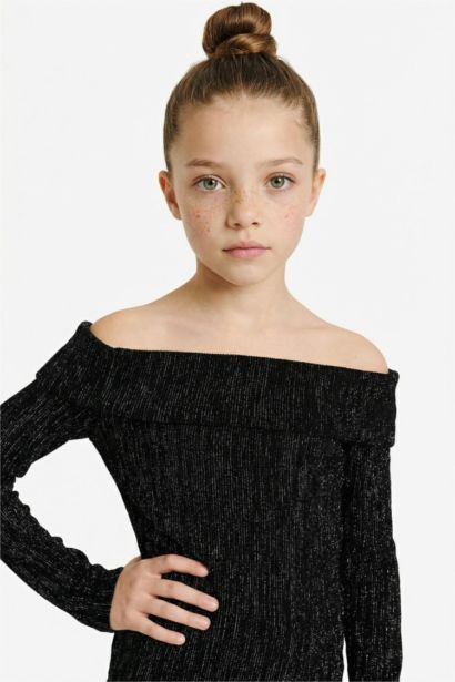 Yılbaşı Temalı 2'li Takım Simli Kumaş Omzu Açık Bluz Pantolon Kız Çocuk