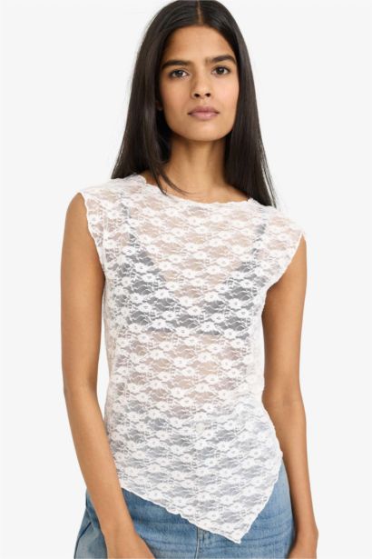 Slim Fit Boat Collar Lace Short Sleeve T-Shirt