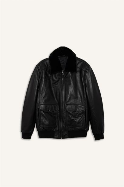 %100 Deri Premium Modern Fit Polo Yaka Astarlı Fermuarlı Mont