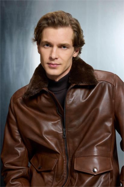 %100 Deri Premium Modern Fit Polo Yaka Astarlı Fermuarlı Mont