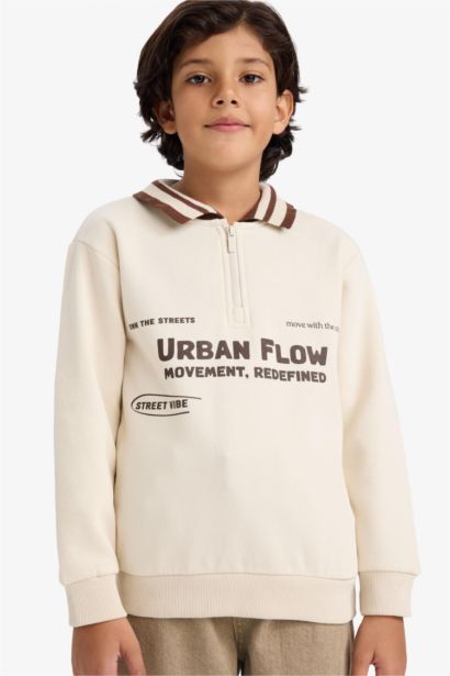 Boy Polo Collar Printed Soft Fleece Lining Sweatshirt