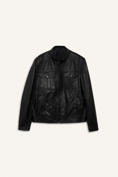 %100 Deri Premium Slim Fit Dar Kesim Dik Yaka Astarlı Fermuarlı Mont