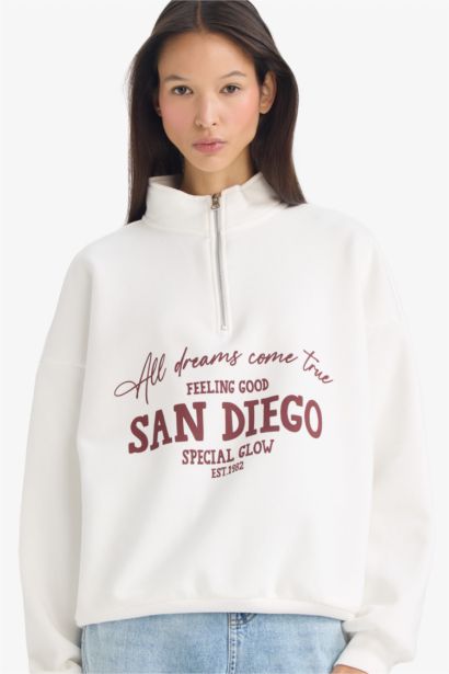 Oversize Fit Half Zip Printed Thick Sweatshirt