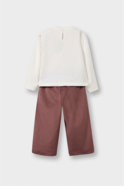 2'li Takım Baskılı Sweatshirt Süet Pantolon Kız Bebek