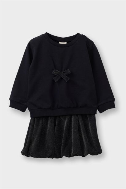 Yılbaşı Temalı 2'li Takım Fiyonklu Sweatshirt Etek Kız Bebek