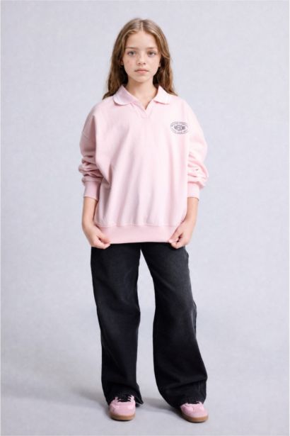 Slogan Polo Collar Sweatshirt