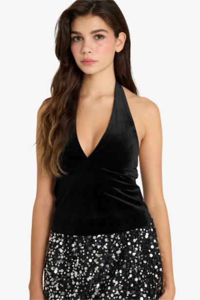 Fitted Halter Yaka Kadife Bluz