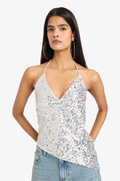 Neck Tie Sequined Asymmetrical Blouse