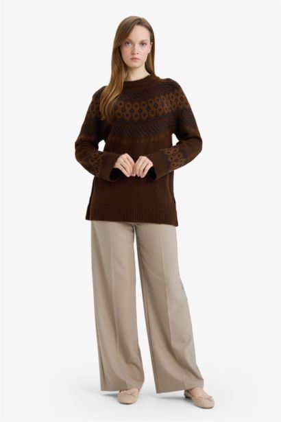 Regular Fit Bisiklet Yaka Desenli Triko Kazak Tunik