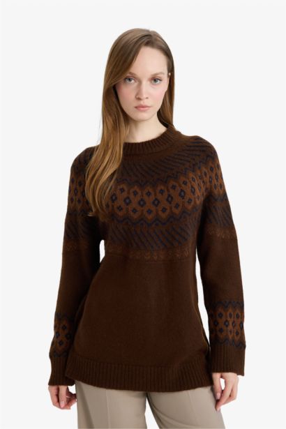 Regular Fit Bisiklet Yaka Desenli Triko Kazak Tunik