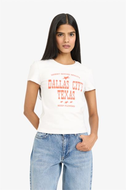 Футболка Fitted в рубчик с круглым вырезом принтом и коротким рукавом