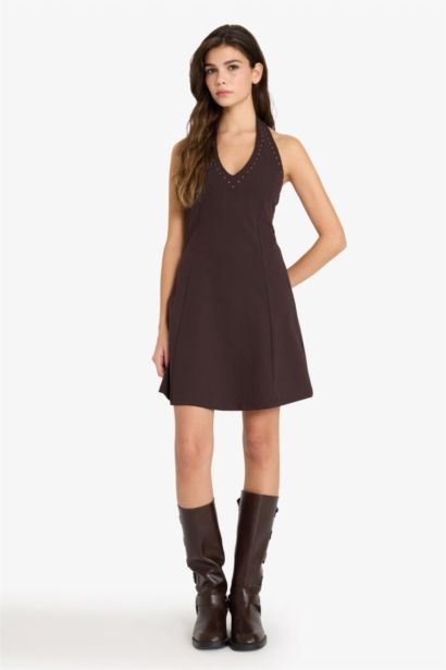 Halter Yaka Bürümcük Mini Elbise