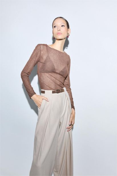 Fitted Boat Neck Glitter Fabric Long Sleeve Blouse