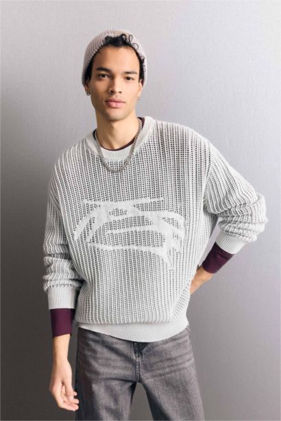 Crew Neck Openwork Knit Pullover