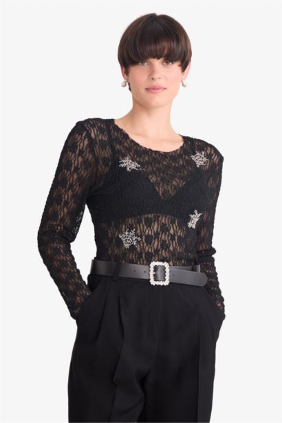 Slim Fit Embroidered Long Sleeve Lace Top