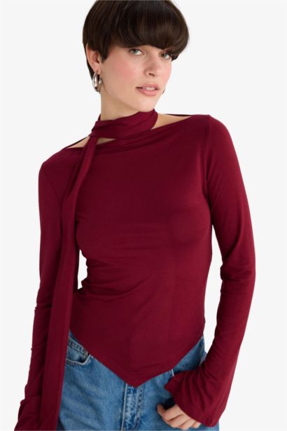 Slim Fit Boat Neck Shawl Detailed Long Sleeve Blouse