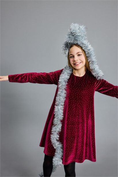 Bisiklet Yaka Kadife Uzun Kollu Elbise Kız Çocuk