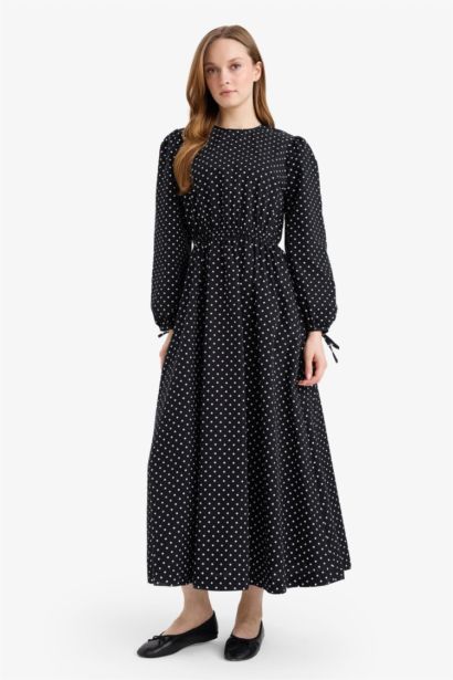 Crew Neck Printed Poplin Balloon Sleeves Dress