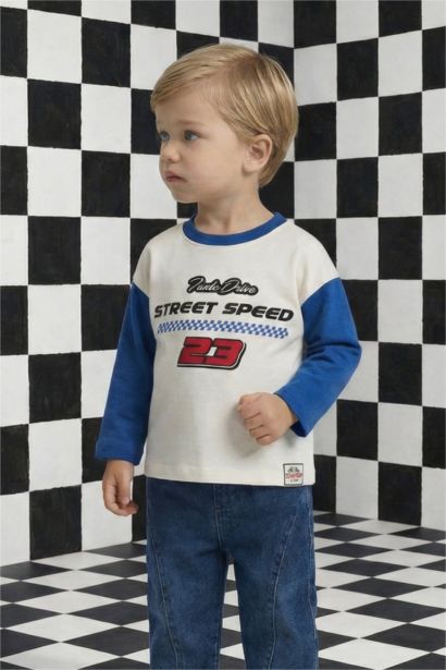 تيشيرت بيبي أولاد كم طويل مطبوع اوفر سايز برقبة مستديرة