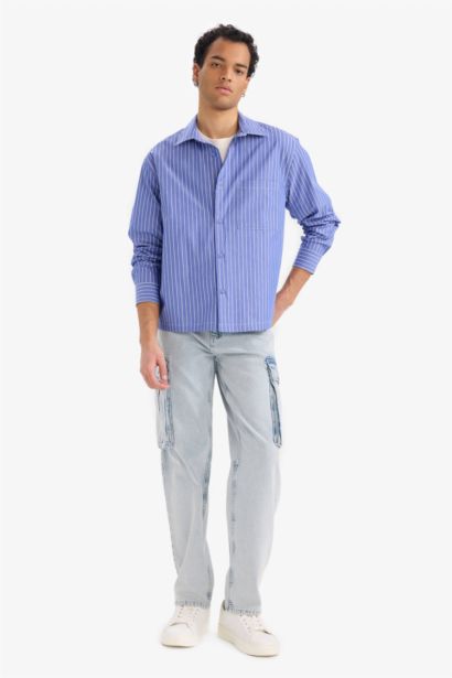 Boxy Fit Çizgili Uzun Kollu Gömlek