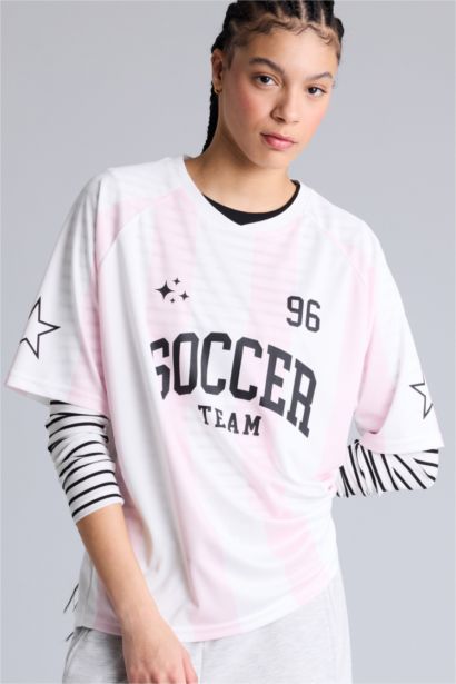 Oversıze Bisiklet Yaka Dijital Baskılı Baskılı Sporcu Tül Kısa Kollu Tişört