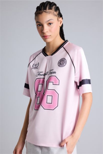 Oversıze Bisiklet Yaka Dijital Baskılı Baskılı Sporcu Tül Kısa Kollu Tişört