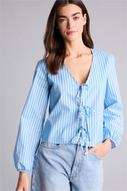 Regular Fit V-Neck Striped Long Sleeve Blouse