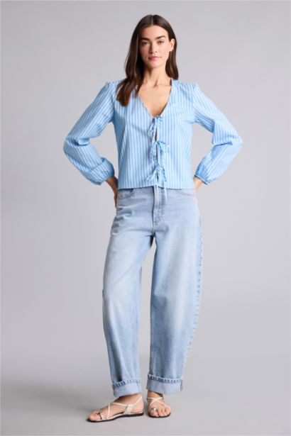 Regular Fit V-Neck Striped Long Sleeve Blouse