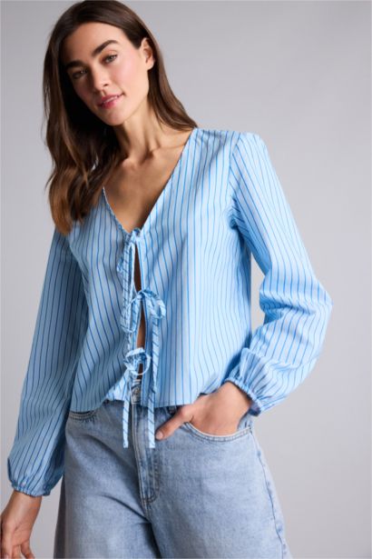 Regular Fit V-Neck Striped Long Sleeve Blouse