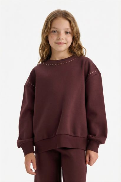 Girl Overshirt Fit Stoned Thick Fabric Sweatshirt