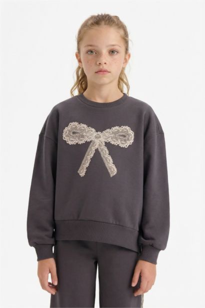 Girl Oversize Fit Heart Patterned Thick Fabric Sweatshirt