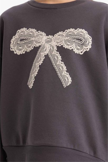 Girl Oversize Fit Heart Patterned Thick Fabric Sweatshirt