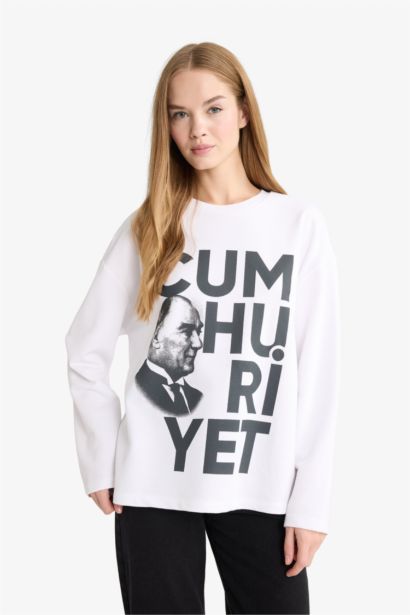 Oversize Geniş Kalıp Bisiklet Yaka Atatürk Baskılı Kalın Uzun Kollu Tişört