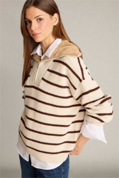 Overshirt Fit Turtleneck Half Zippered Striped Cotton Knit Pullover