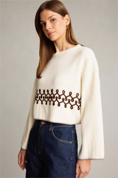 Crew Neck Embroidered Knit Crop Pullover