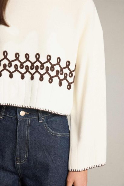 Crew Neck Embroidered Knit Crop Pullover