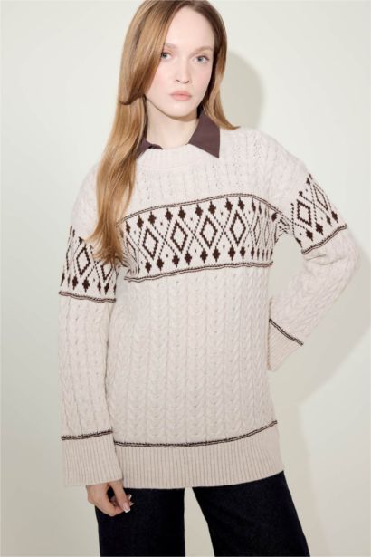 Regular Fit Bisiklet Yaka Desenl Triko Kazak Tunik