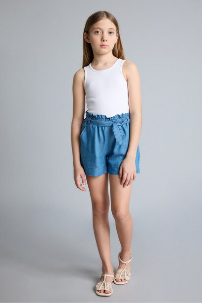 شورت جينز بناتي أزرق برباط