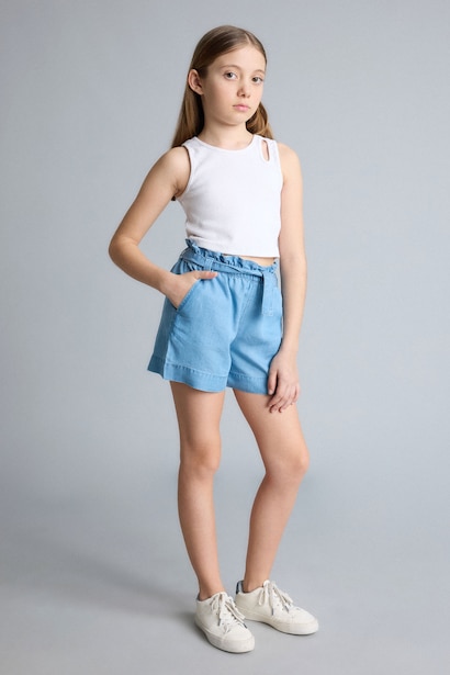 Beli Bağcıklı Denim Şort Kız Çocuk