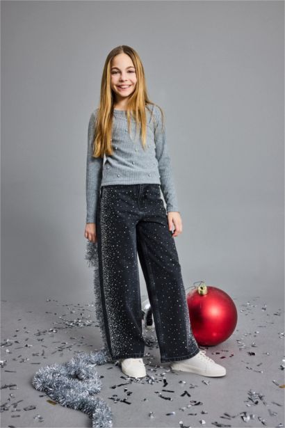 Yılbaşı Temalı Slim Fit Dar Kesim Taşlı Fitilli Kaşkorse Uzun Kollu Tişört Kız Çocuk