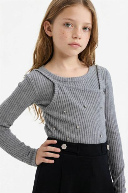 Yılbaşı Temalı Slim Fit Dar Kesim Taşlı Fitilli Kaşkorse Uzun Kollu Tişört Kız Çocuk