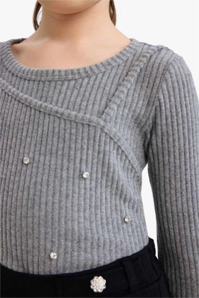 Yılbaşı Temalı Slim Fit Dar Kesim Taşlı Fitilli Kaşkorse Uzun Kollu Tişört Kız Çocuk