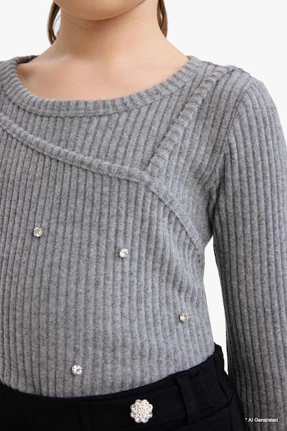 Yılbaşı Temalı Slim Fit Dar Kesim Taşlı Fitilli Kaşkorse Uzun Kollu Tişört Kız Çocuk