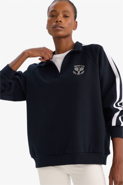 Oversıze Polo Yaka Spor Baskılı Sweatshirt