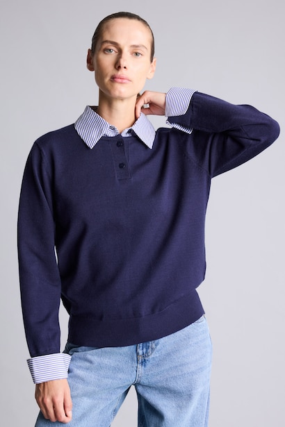 Relaxed Fit Striped with Shirt Detail Knit Pullover