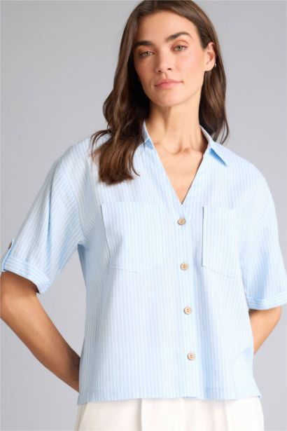 Рубашка Boxy Fit из смесового льна в полоску с рубашечным воротником и коротким рукавом