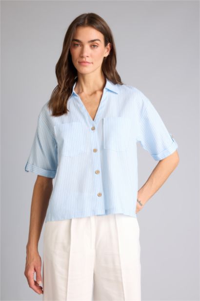 Рубашка Boxy Fit из смесового льна в полоску с рубашечным воротником и коротким рукавом