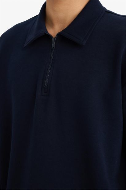 Boxy Fit Long Sleeve Half Zip Polo Collar Sweatshirt